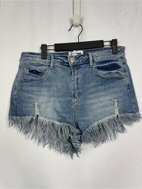 591. Fashion Nova Light Blue Distressed Frayed Denim Shorts Size 13